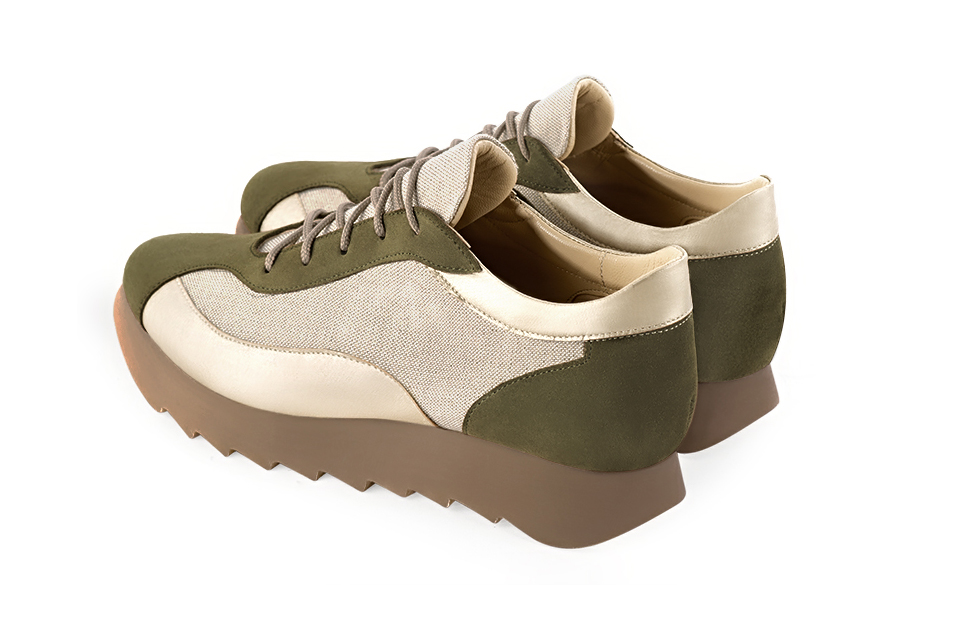 Khaki green and gold women's three-tone elegant sneakers. Round toe. Low rubber soles. Rear view - Florence KOOIJMAN
